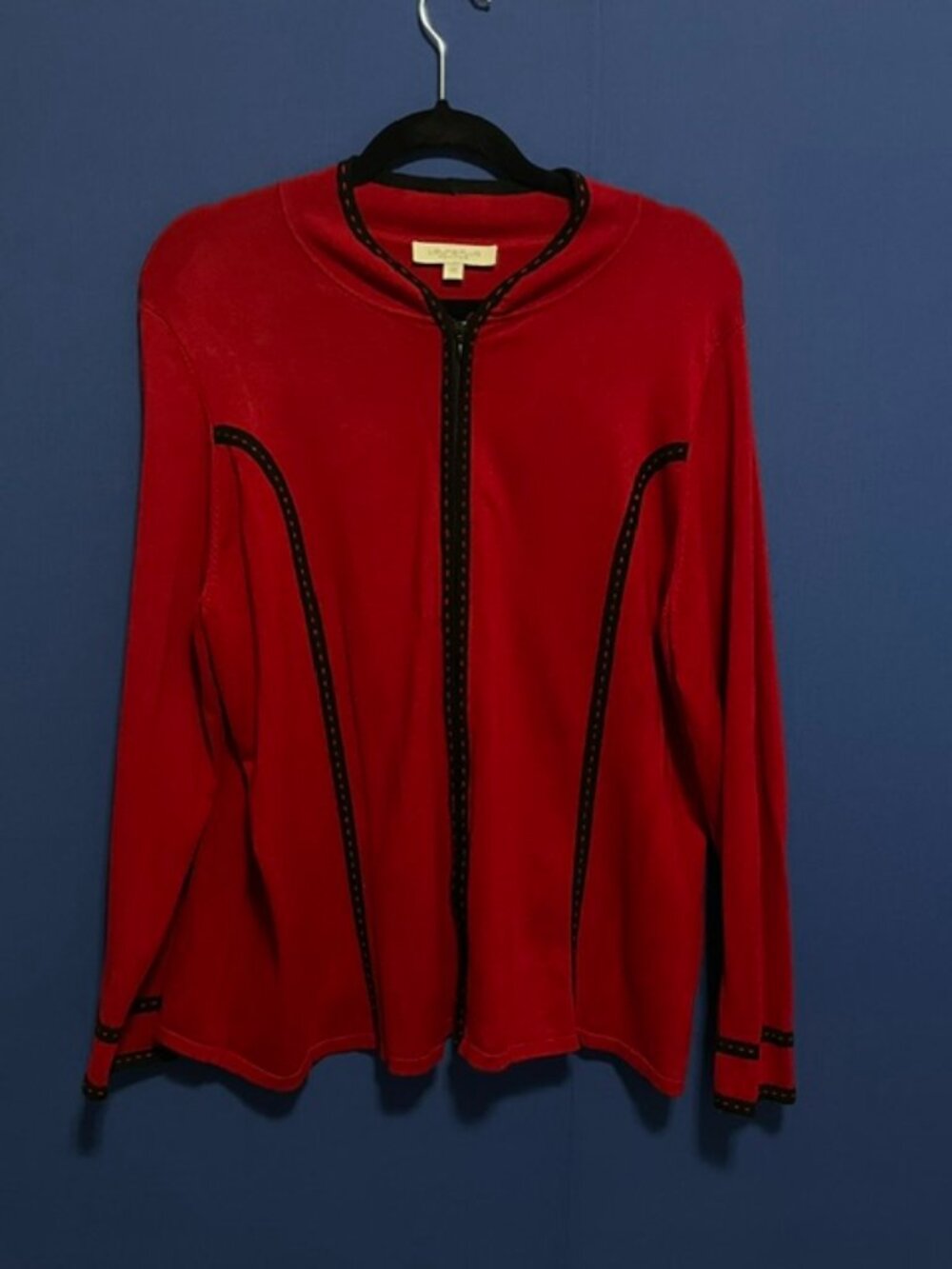 Laura Plus Petite Red Zip-Up Cardigan with Black Trim & Stitching - Size 2X